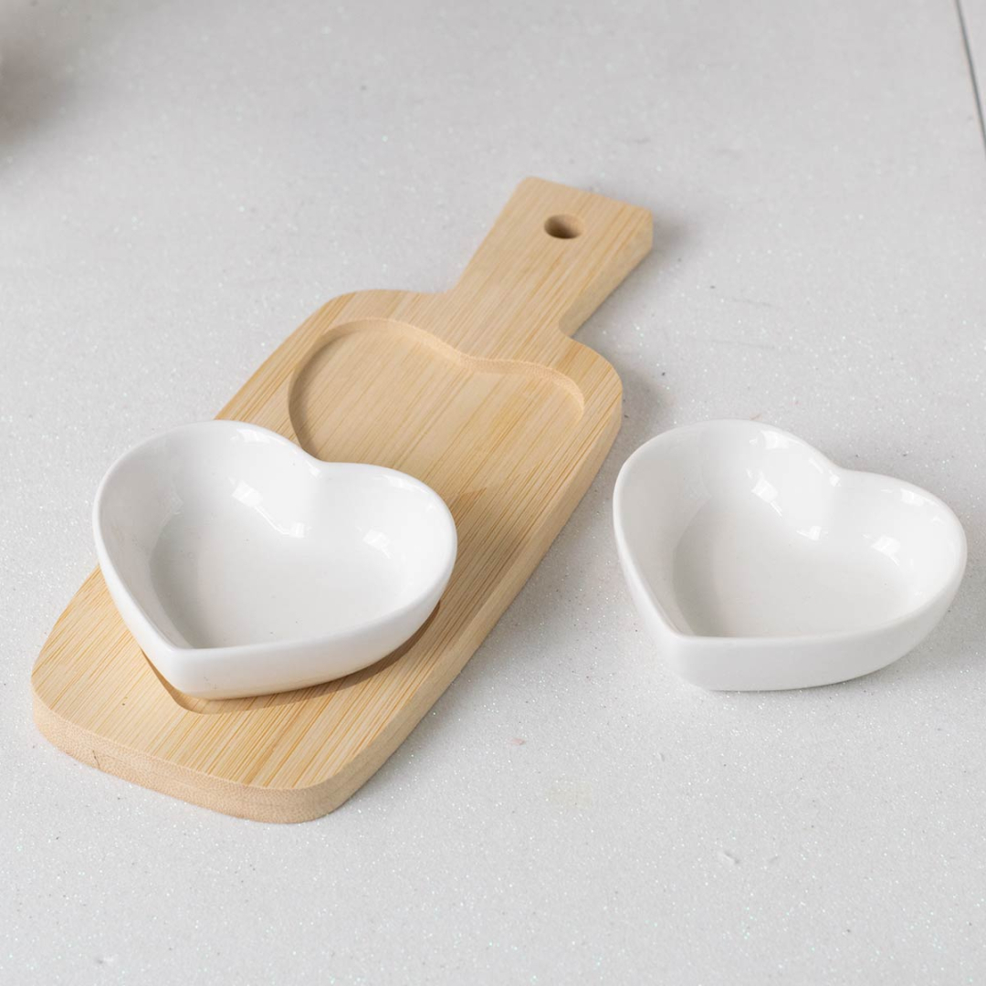 Antipastiera Natalizia A 2 Posti - Ciotole Ceramica Albero Di Natale, Base Bambù, Regalo Idea