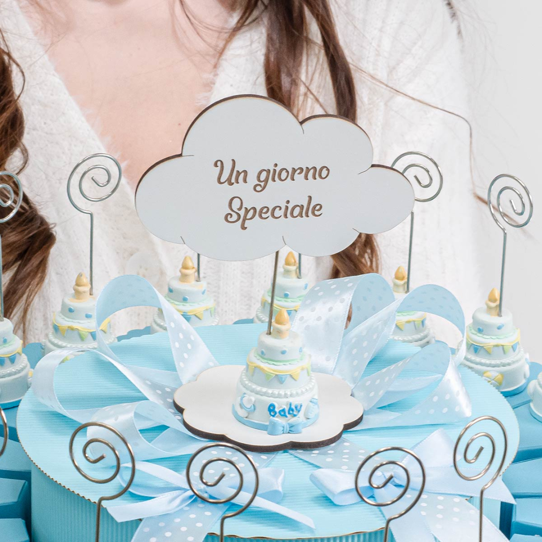 Torta Bomboniere Nascita/battesimo/compleanno Maschio – 20 Fette Con Animaletti Colorati E Centrale Salvadanaio Tartaruga, In Resina E Cartoncino, Confetti Inclusi - Foto 3