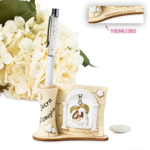 Bomboniere Linea Penna 2026 Icona Pergamena portapenna con penna e ciondolo Sacra Famiglia personalizzabile