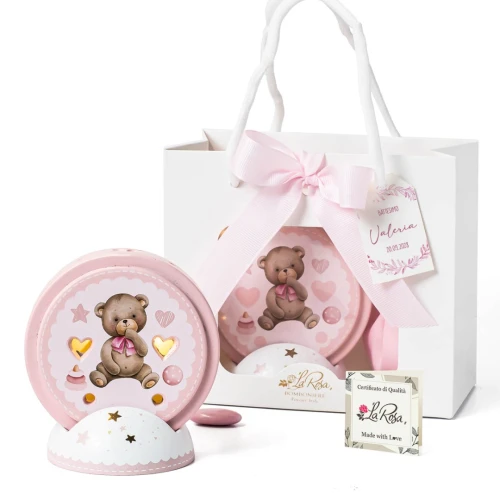 Bomboniere Battesimo Femmina Linea Pittura 2026 Luce LED o Profumatore con orsetto e base decorata
