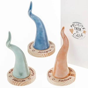 Bomboniere 2026 Cornetto Grande Colorato Portafortuna in ceramica e legno