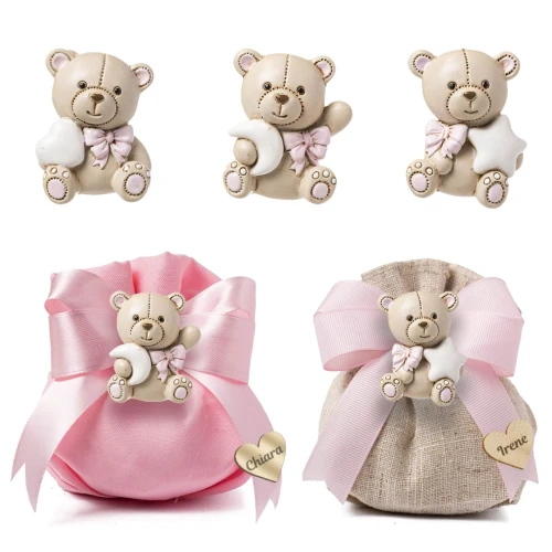 Bomboniere Linea Teo Femmina 2026 Orsetto con fiocco rosa Portachiavi e Magnete