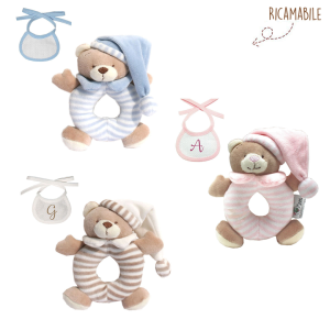 Kit regalo 2 pz Orsetto sonaglio ad anello + Bavaglino ricamabile