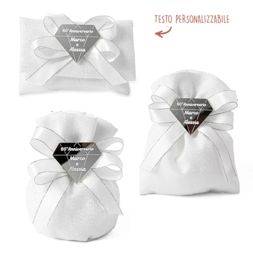 Bomboniere 2026 Sacchettini Portaconfetti con CONFEZIONE Nozze di Diamante brillanti con applicazione incisa