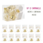 Campanelle Tirabaci Matrimonio Oro Segnaposto con Cartoncini e Nastro Kit 12 pz