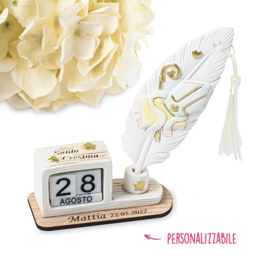 Bomboniere Linea Plume 2025 Icona Piuma con nappina e calendario Cresima personalizzabile