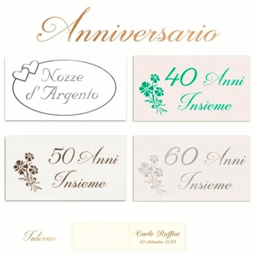 Bigliettini Bomboniere Anniversario Nozze Argento, Oro, Smeraldo, Diamante