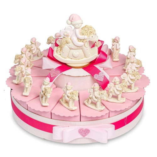 Torta Bomboniere da 15 Fette con cavallino a dondolo rosa