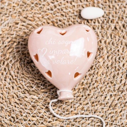 Bomboniere Battesimo e Nascita 2025 Linea Volo Baby Palloncino Rosa LED con cuori e frasi in ceramica