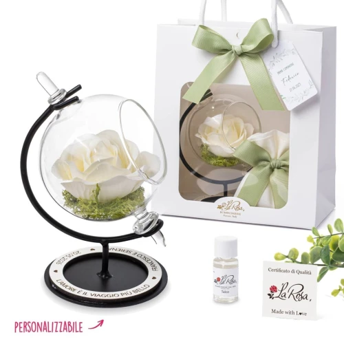 Profumatore Mappamondo con Rosa e Base in Metallo e legno personalizzabile