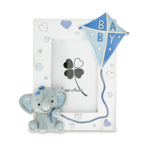 Bomboniere Battesimo e Nascita Baby Elefantino con Aquilone Portafoto Standard Celeste in resina