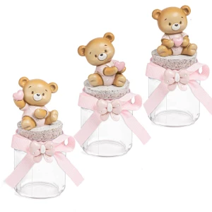 Bomboniere Battesimo e Nascita Bimba 2025 Barattolino Portaconfetti Orsetto Rosa in resina