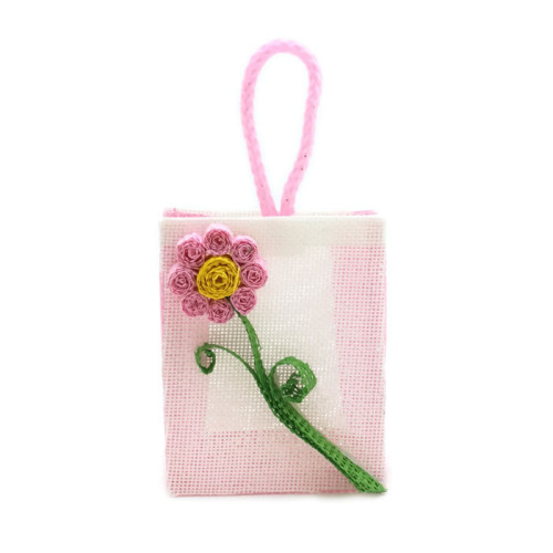 sacchetto borsina porta confetti in juta rosa con fiore