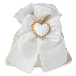 Ultimi 35 pezzi Sacchettino Rustico Portaconfetti Bianco con fiocco ed applicazione cuore