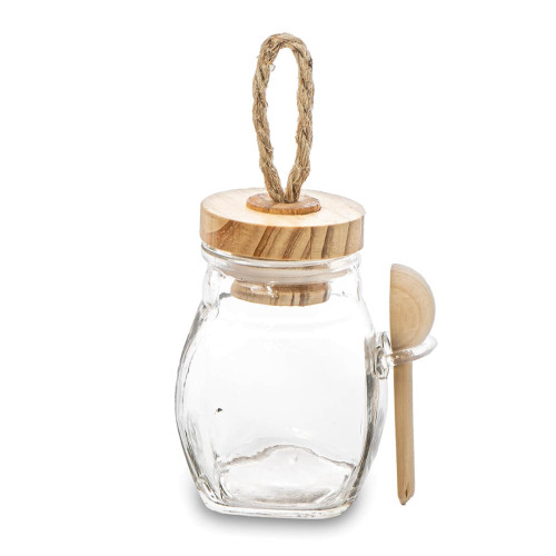 Barattolino di vetro con cucchiaino e tappo ermetico in legno e cordino rustico