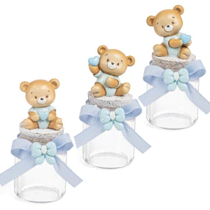 Bomboniere Battesimo e Nascita Bimbo 2026 Barattolino Portaconfetti Orsetto Celeste in resina