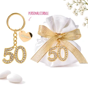 Bomboniere Nozze d'Oro o Compleanno Portachiavi 50 oro con strass in metallo