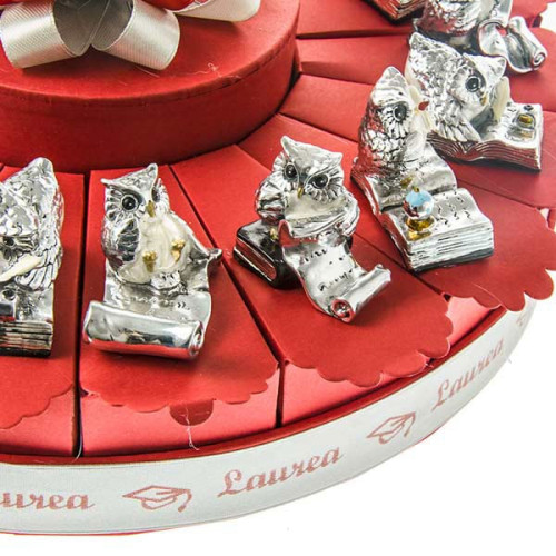25 magneti Torta da 25 fette Confetti Centrale Sindy Bomboniere Torta Laurea con magneti Gufi argentati con Strass 