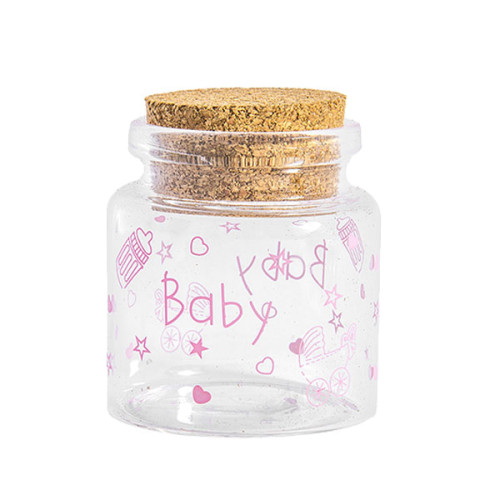bomboniera barattolino in vetro porta confetti battesimo nascita scritta baby rosa con tappo di sughero