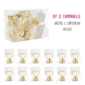 Campanelle Tirabaci Matrimonio Oro Segnaposto con Cartoncini e Nastro Kit 12 pz