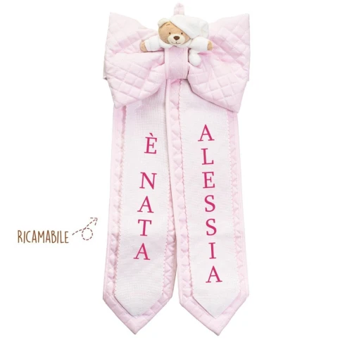 Fiocco Nascita rosa e bianco con orsetto e punto croce
