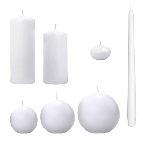 candele bianche in cera forma sfera, tonda, cilindro e galleggiante