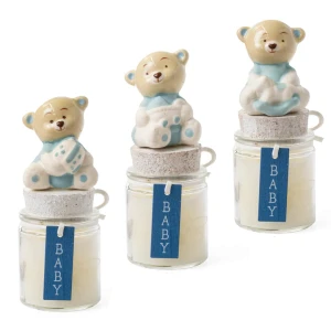 Bomboniere Linea Bibì Maschio 2026 Barattolino portacandela con orsetto e targhetta