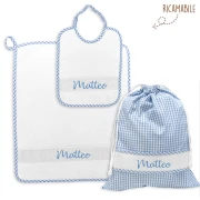 SET ASILO celeste ricamabile - Bavaglia sacchetto e salvietta