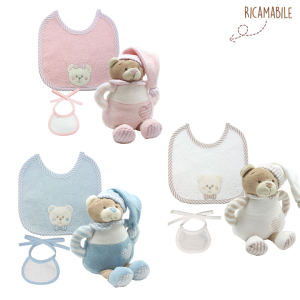 Kit regalo 3 pz Orsetto sonaglio + Bavaglio + bavaglino ricamabile