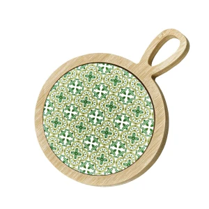 Bomboniere 2026 Tagliere tondo Standard Tema Maioliche verdi Linea Utile in Legno e Ceramica