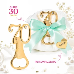Bomboniere 70° Compleanno Apribottiglia in metallo dorato con strass