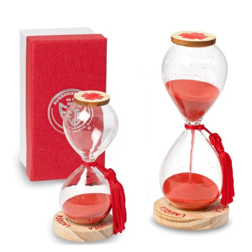 Bomboniere 2026 Linea Laurea Clessidre in vetro con nappina rossa e base in legno