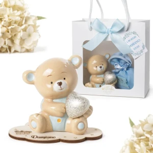 Bomboniera 2027 Battesimo e Nascita Maschio Orsetto Linea PELUCHE in Porcellana Luce LED con Cuore Glitter Personalizzabile