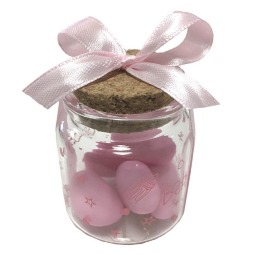 bomboniera barattolino in vetro porta confetti battesimo nascita scritta baby rosa con tappo di sughero