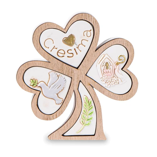 Bomboniere 2026 Icona Cresima Trifoglio in resina e legno con cappello e bastone