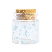 bomboniera barattolino in vetro porta confetti battesimo nascita scritta baby celeste con tappo di sughero
