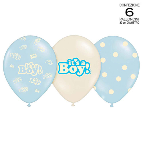 conf. 6 palloncini celesti con "It's a Boy" con pois assortiti per battesimo e nascita 30 cm
