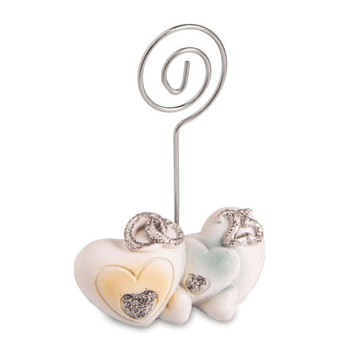 Bomboniera Nozze Argento, clip portafoto con doppio cuore e numero 25 decorati a mano, idea originale come bomboniera per 25° anniversario di nozze.