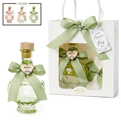 Bomboniere 2025 Bottiglie in vetro colorato trasparenti con tappo da 480 ml con fiocco e cuore personalizzabile