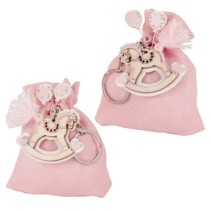 Bomboniere Battesimo e Nascita Femmina 2026 Linea Cavallino Sacchettino portaconfetti con portachiavi