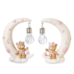 Bomboniera Battesimo e Nascita Orsetto sulla Luna Lampada Led Rosa in Resina