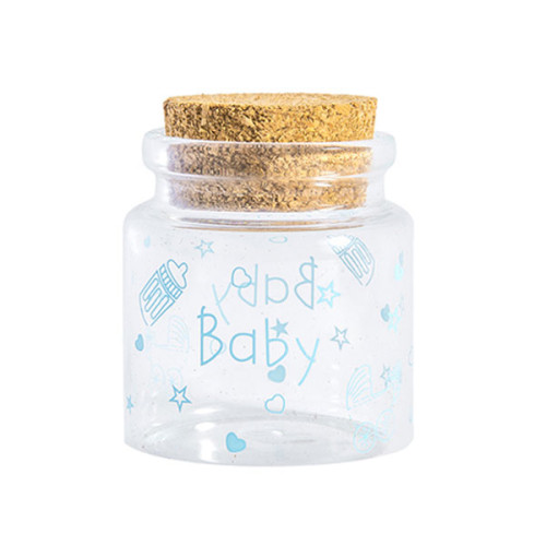 <p>bomboniera barattolino in vetro porta confetti battesimo nascita scritta baby celeste con tappo di sughero