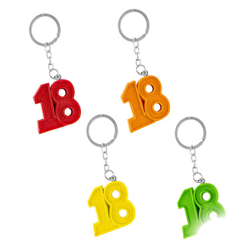 Bomboniera utile per diciottesimo compleanno, porta chiavi con numero 18° colorati, assortito in 4 colori