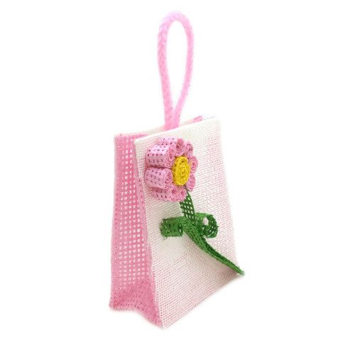sacchetto borsina porta confetti in juta rosa con fiore