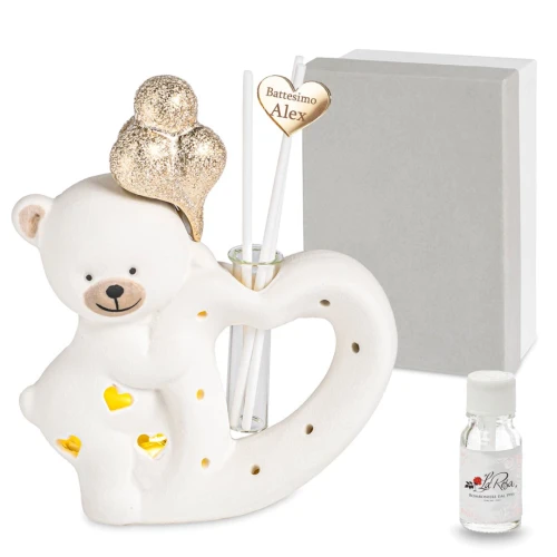 Bomboniere Battesimo 2025 Profumatore Orsetto con cuore ceramica a LED
