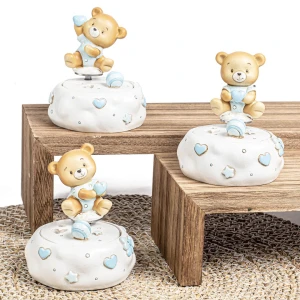 Bomboniere Battesimo e Nascita Bimbo 2026 Carillon Orsetto Celeste in resina