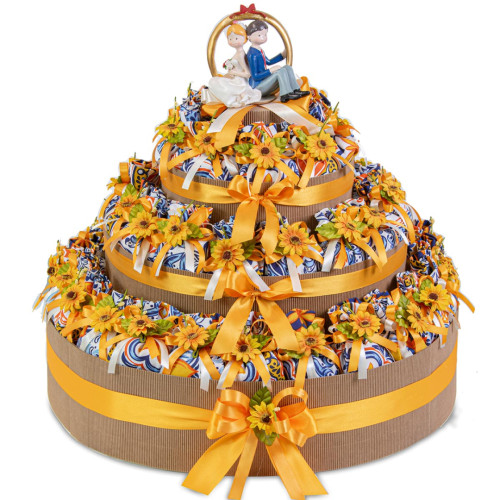 Mega Torta di Bomboniere per matrimonio con 49 sacchetti maioliche e girasoli  made in italy