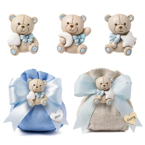 Bomboniere Linea Teo Maschio 2026 Orsetto con fiocco celeste Portachiavi e Magnete