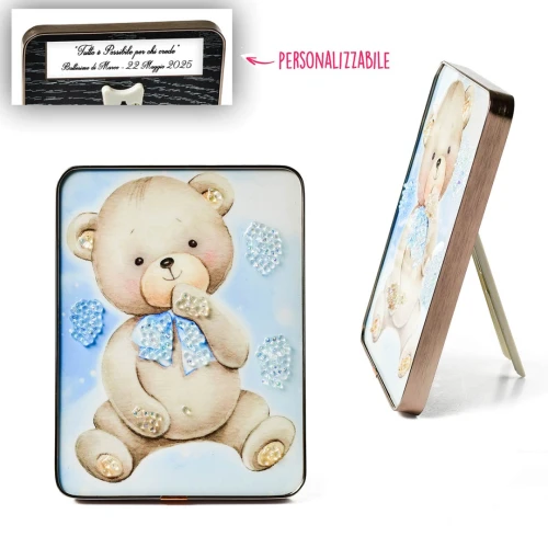Bomboniere Battesimo e Nascita Maschio 2026 Quadro orsetto con effetto pietra luminosa in rilievo personalizzabile