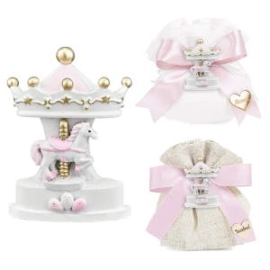 Bomboniere Battesimo e Nascita Bimba 2027 Magnete Carosello Giostra cavallini rosa